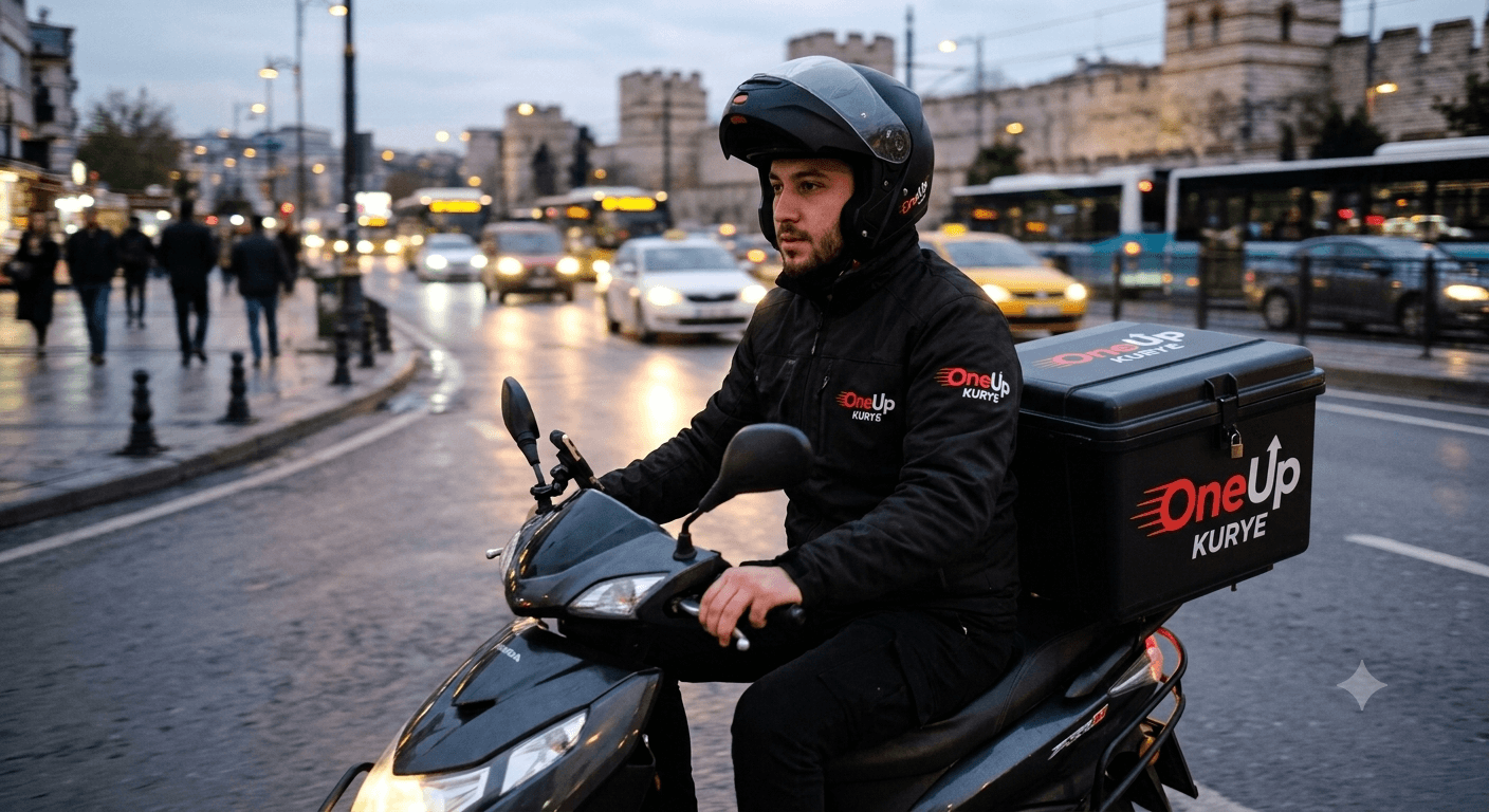 İstanbul trafiğinde motosikletiyle ilerleyen, kırmızı-siyah OneUpKurye üniformalı motokurye